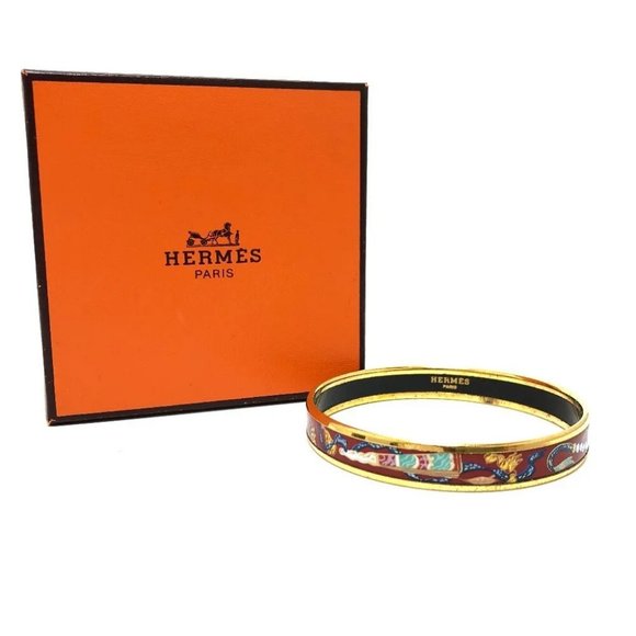 Auth HERMES Emaille PM Accessories Bangle GP / Cloisonne RedBased/Multicolore/Go - Picture 1 of 8